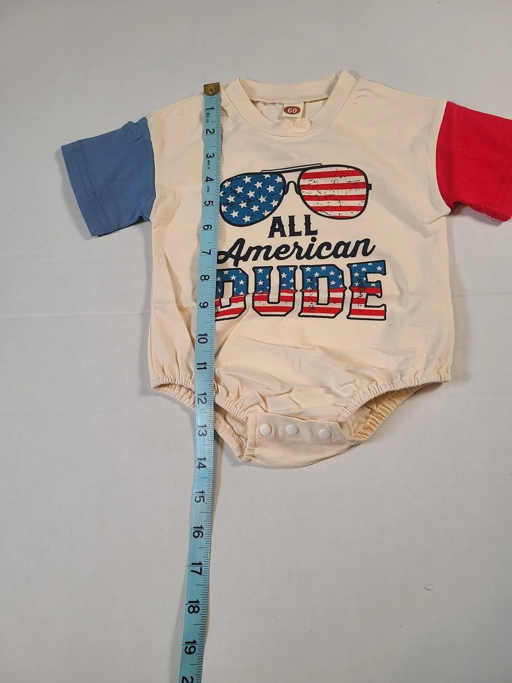 All American Dude Beige Cute One-Piece with Red & Blue Sleeves Size 0-3 Months